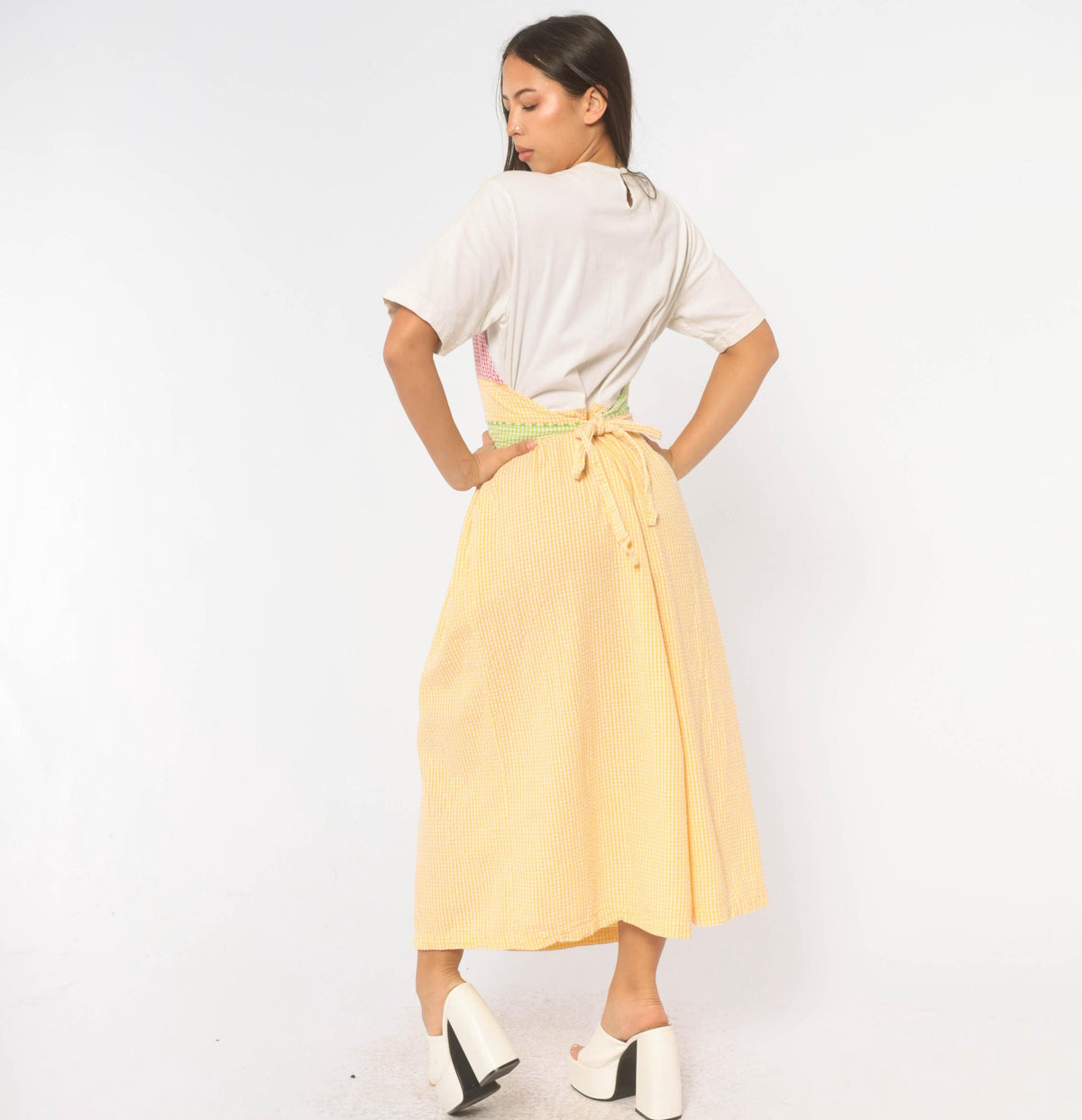 90s J.G. Hook Gingham Patchwork Pinafore Dress Yellow White Midi Cotton Medium M