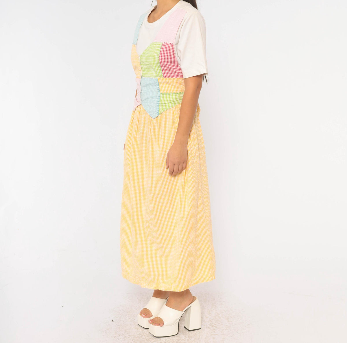 90s J.G. Hook Gingham Patchwork Pinafore Dress Yellow White Midi Cotton Medium M
