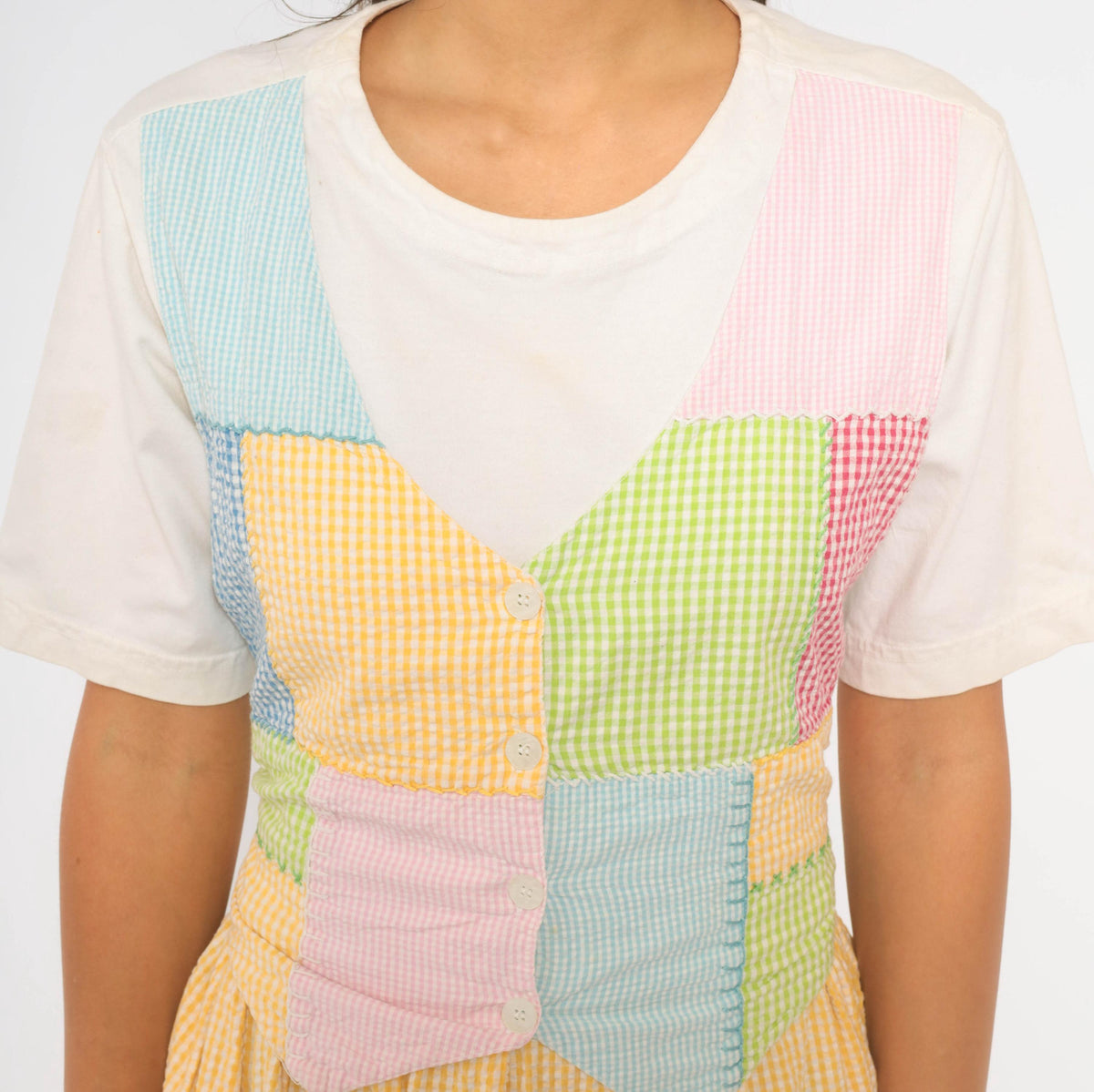 90s J.G. Hook Gingham Patchwork Pinafore Dress Yellow White Midi Cotton Medium M