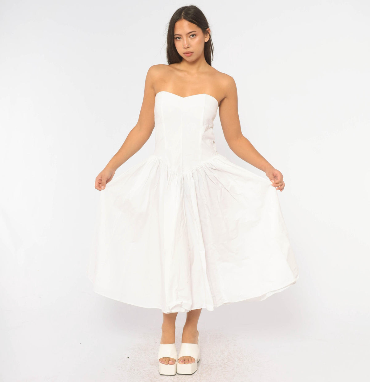80s White Cotton Strapless Dress Sweetheart Neckline Drop Waist Below Knee Medium M
