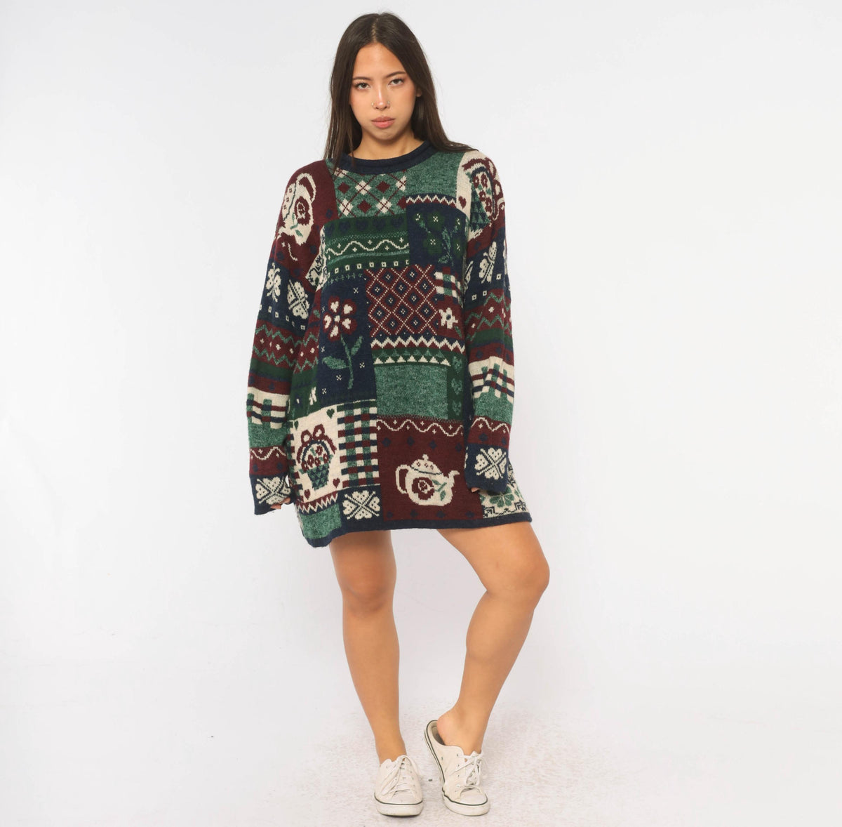 90s Fashion Bug Patchwork Knit Sweater Navy Burgundy Fair Isle Teapot Plus Size XXL