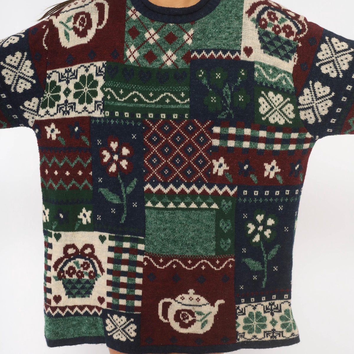 90s Fashion Bug Patchwork Knit Sweater Navy Burgundy Fair Isle Teapot Plus Size XXL