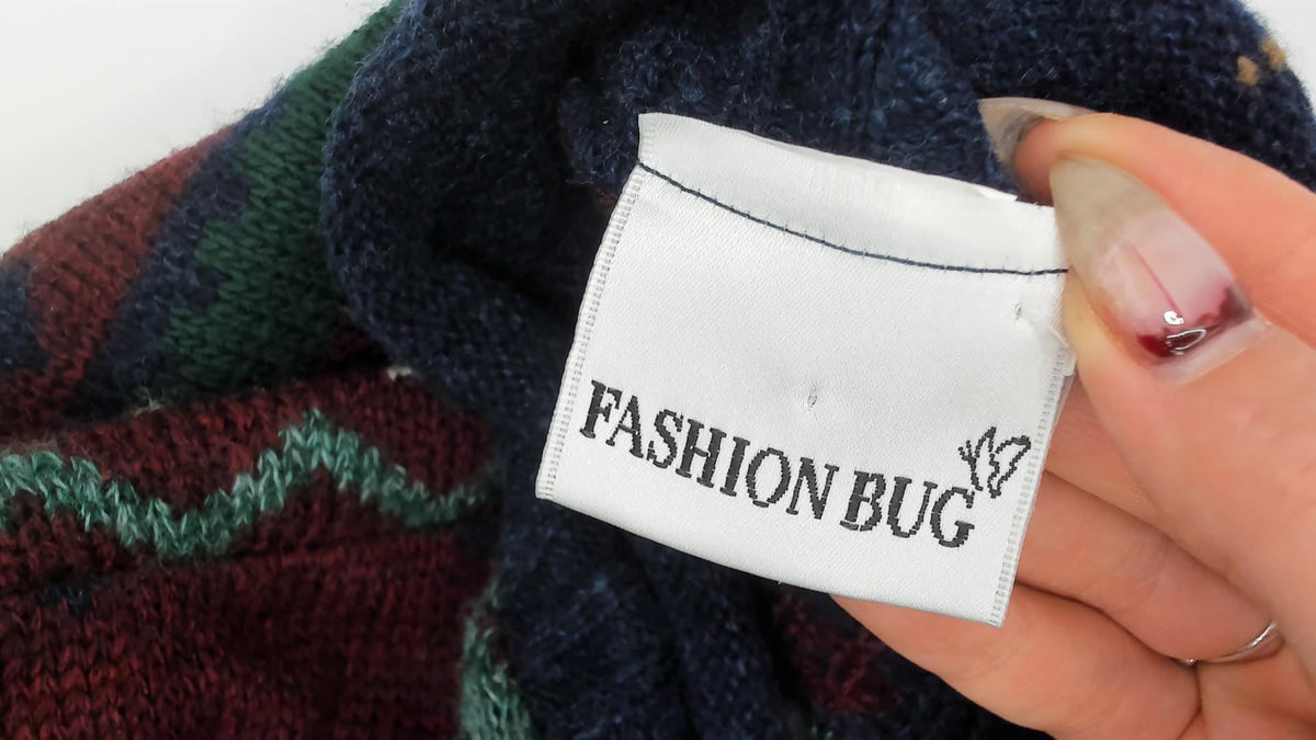 90s Fashion Bug Patchwork Knit Sweater Navy Burgundy Fair Isle Teapot Plus Size XXL
