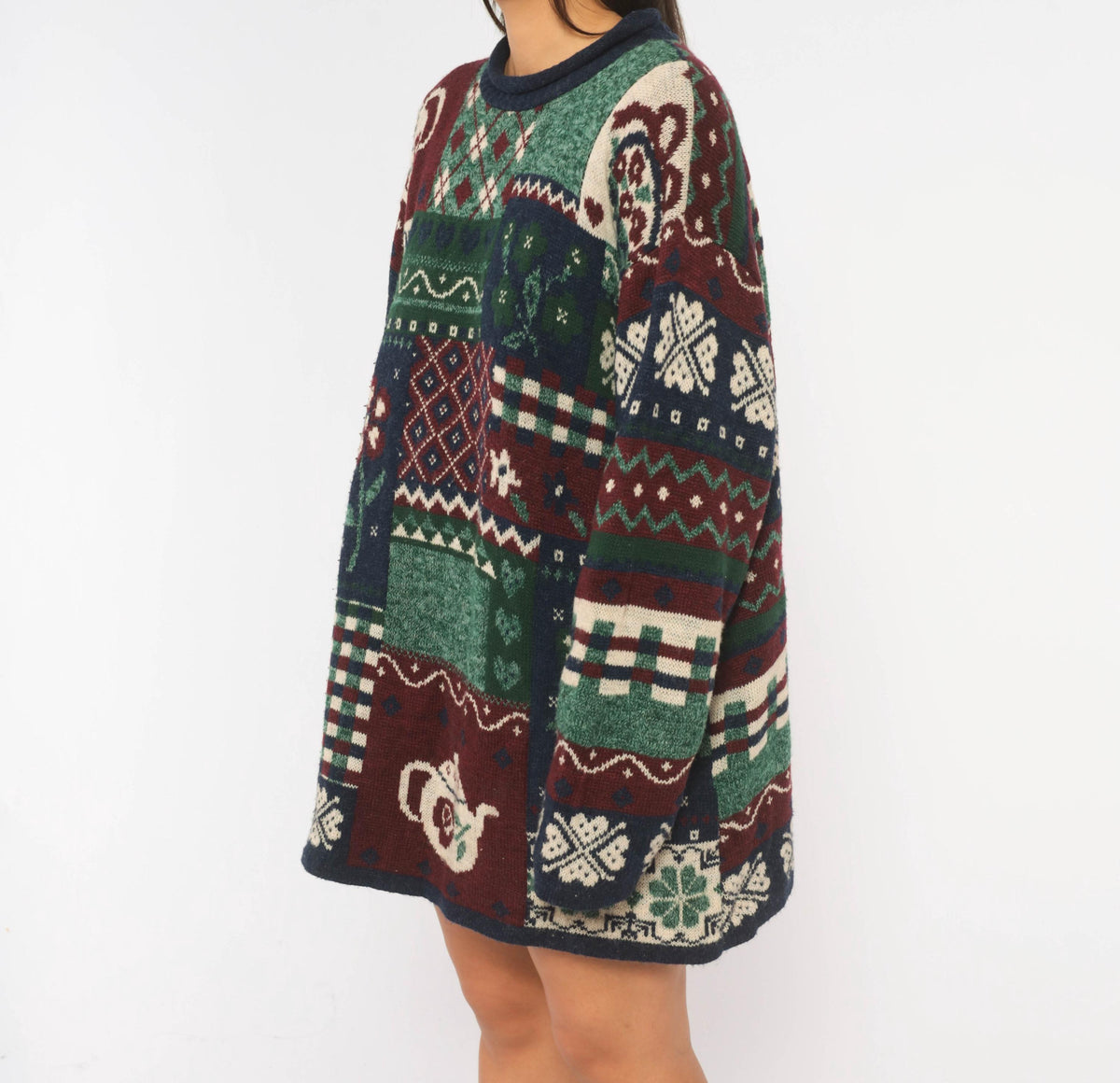 90s Fashion Bug Patchwork Knit Sweater Navy Burgundy Fair Isle Teapot Plus Size XXL
