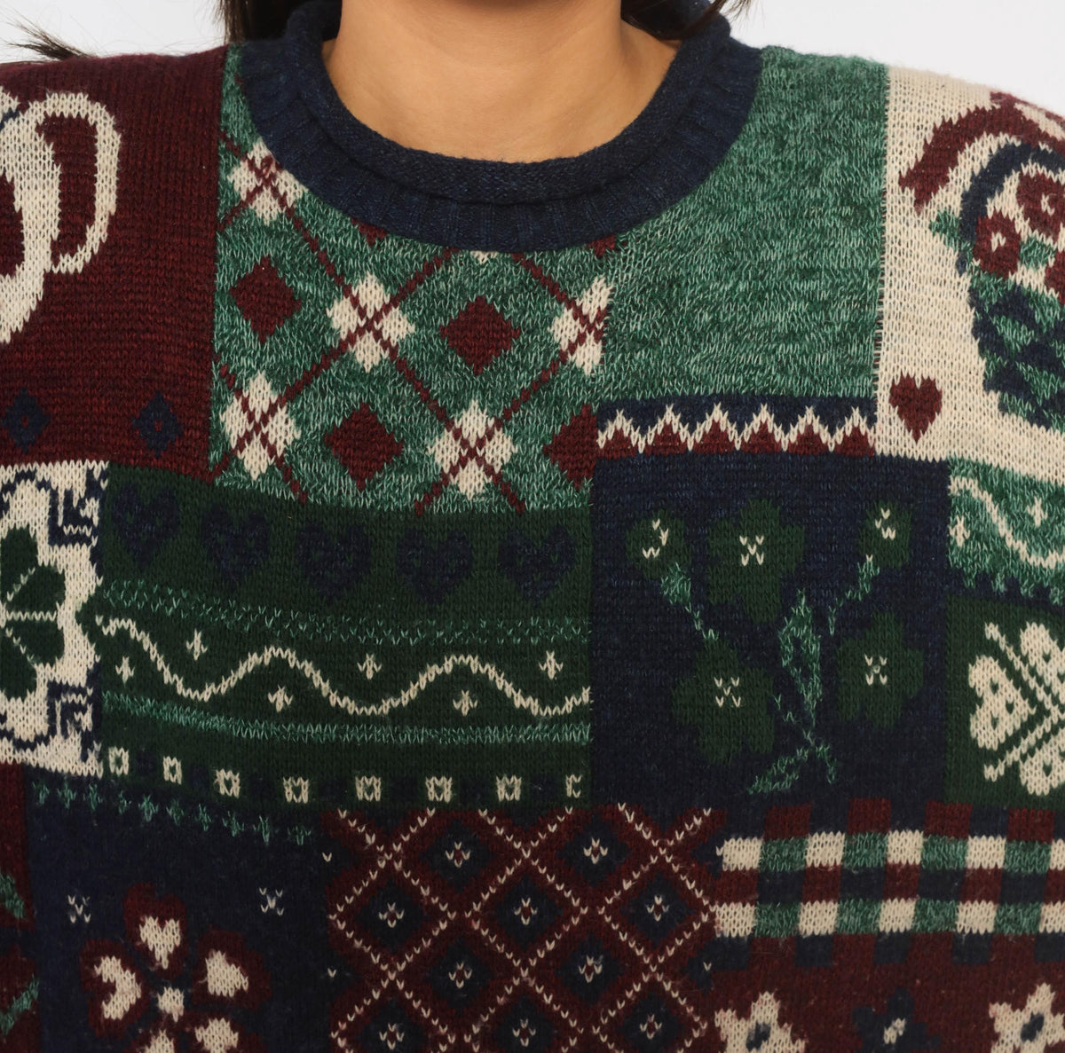 90s Fashion Bug Patchwork Knit Sweater Navy Burgundy Fair Isle Teapot Plus Size XXL