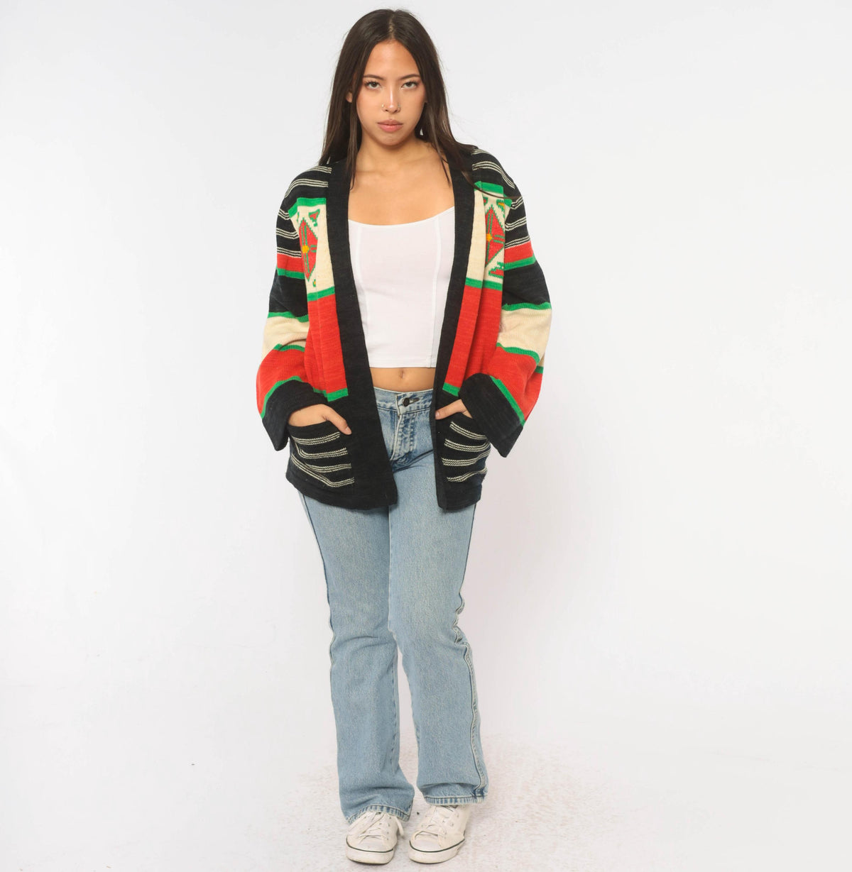 70s Southwestern Cardigan Black Red Green Striped Knit Geometric Diamond Medium
