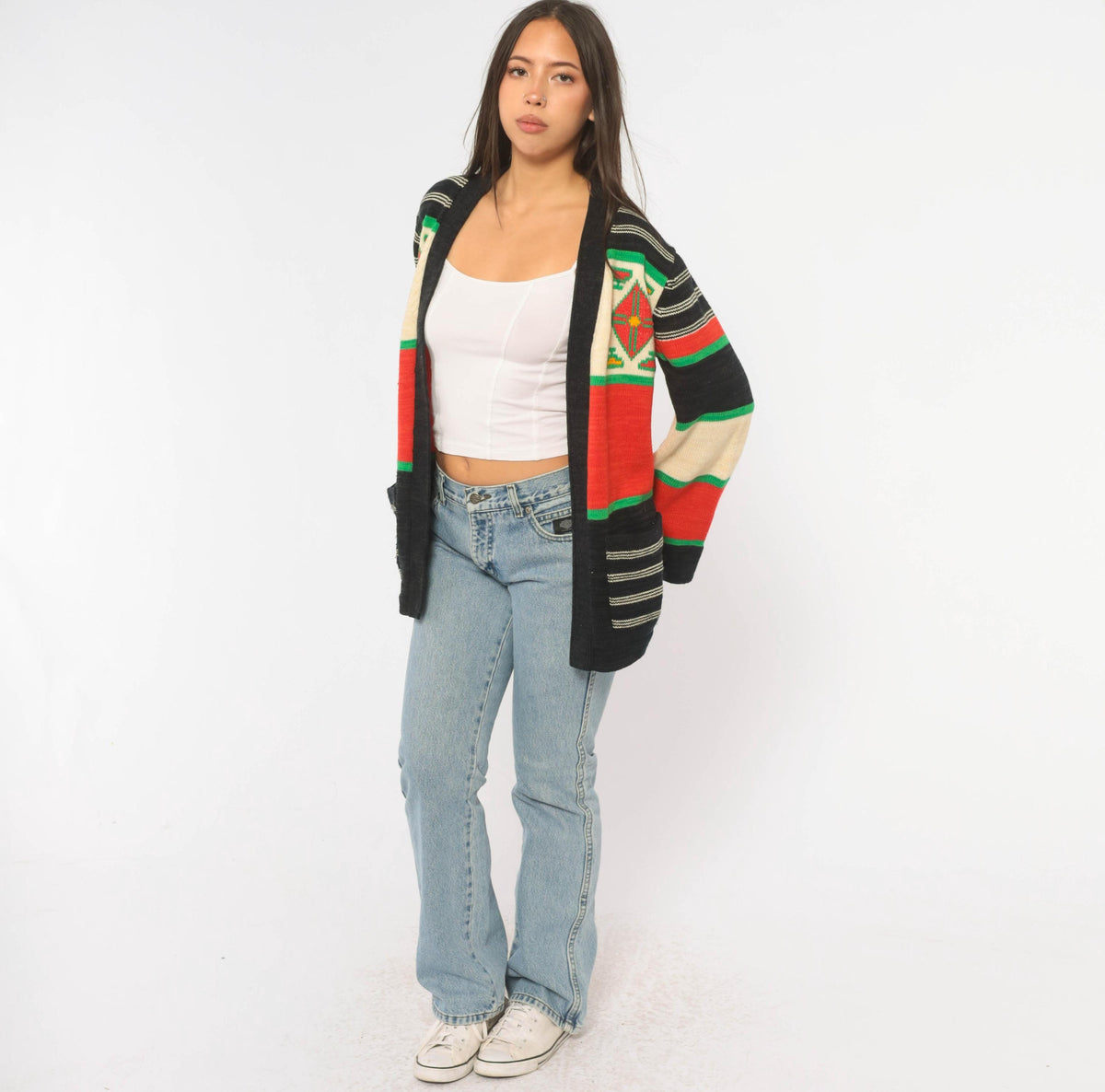 70s Southwestern Cardigan Black Red Green Striped Knit Geometric Diamond Medium