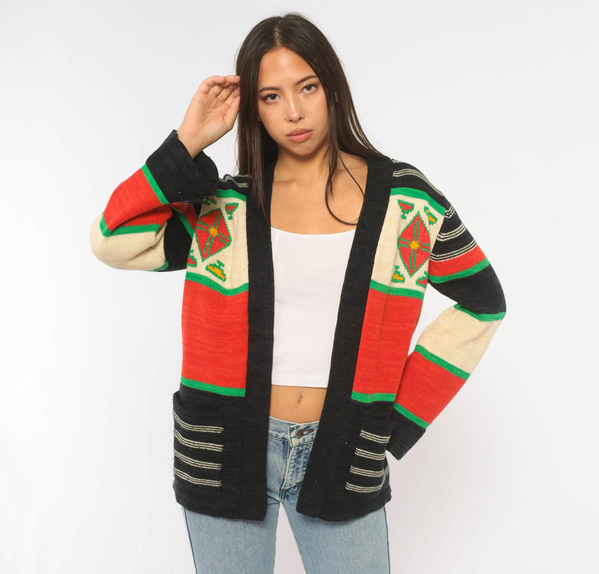 70s Southwestern Cardigan Black Red Green Striped Knit Geometric Diamond Medium