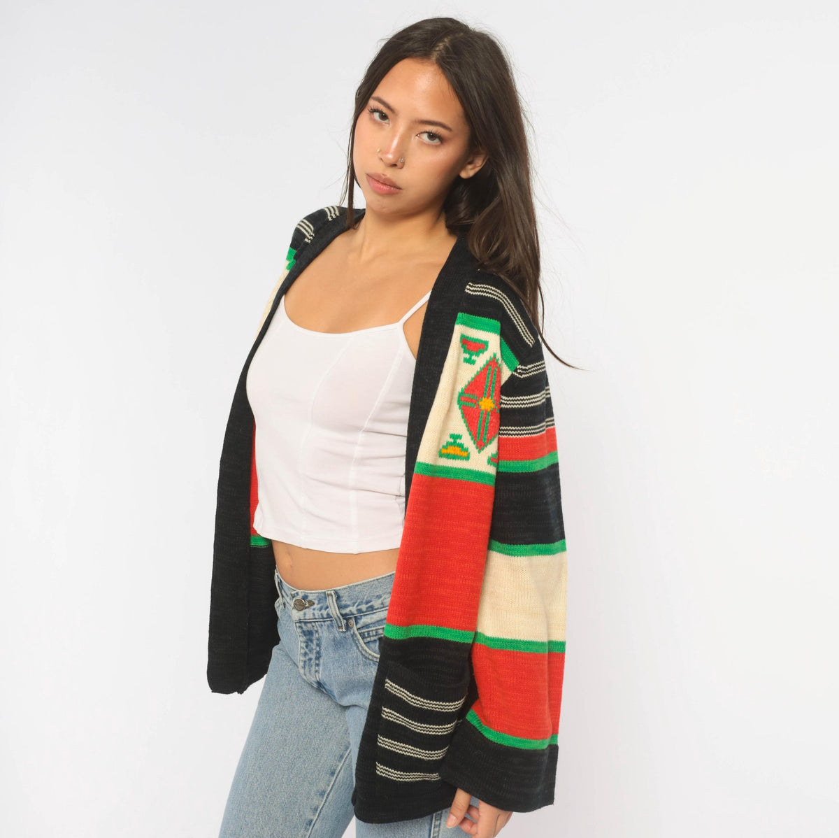 70s Southwestern Cardigan Black Red Green Striped Knit Geometric Diamond Medium