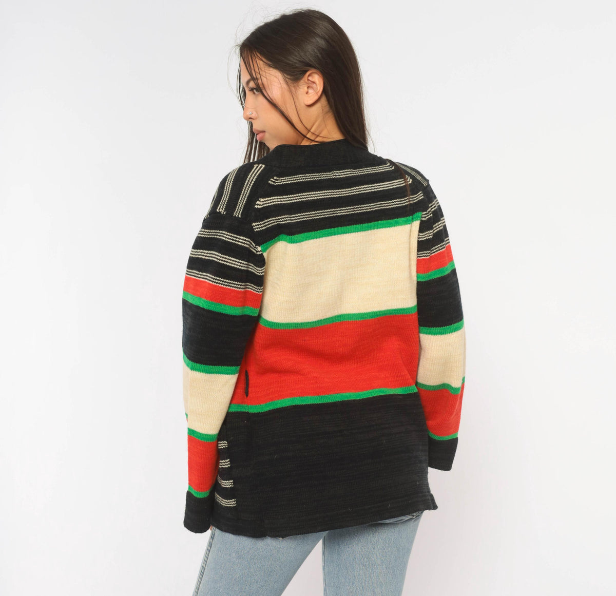 70s Southwestern Cardigan Black Red Green Striped Knit Geometric Diamond Medium