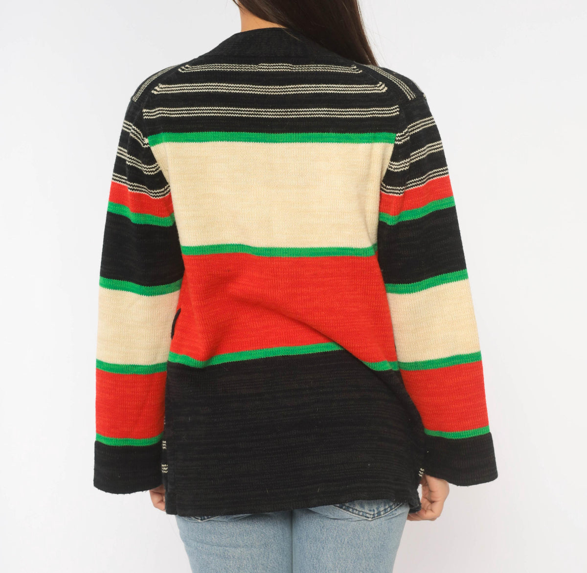70s Southwestern Cardigan Black Red Green Striped Knit Geometric Diamond Medium