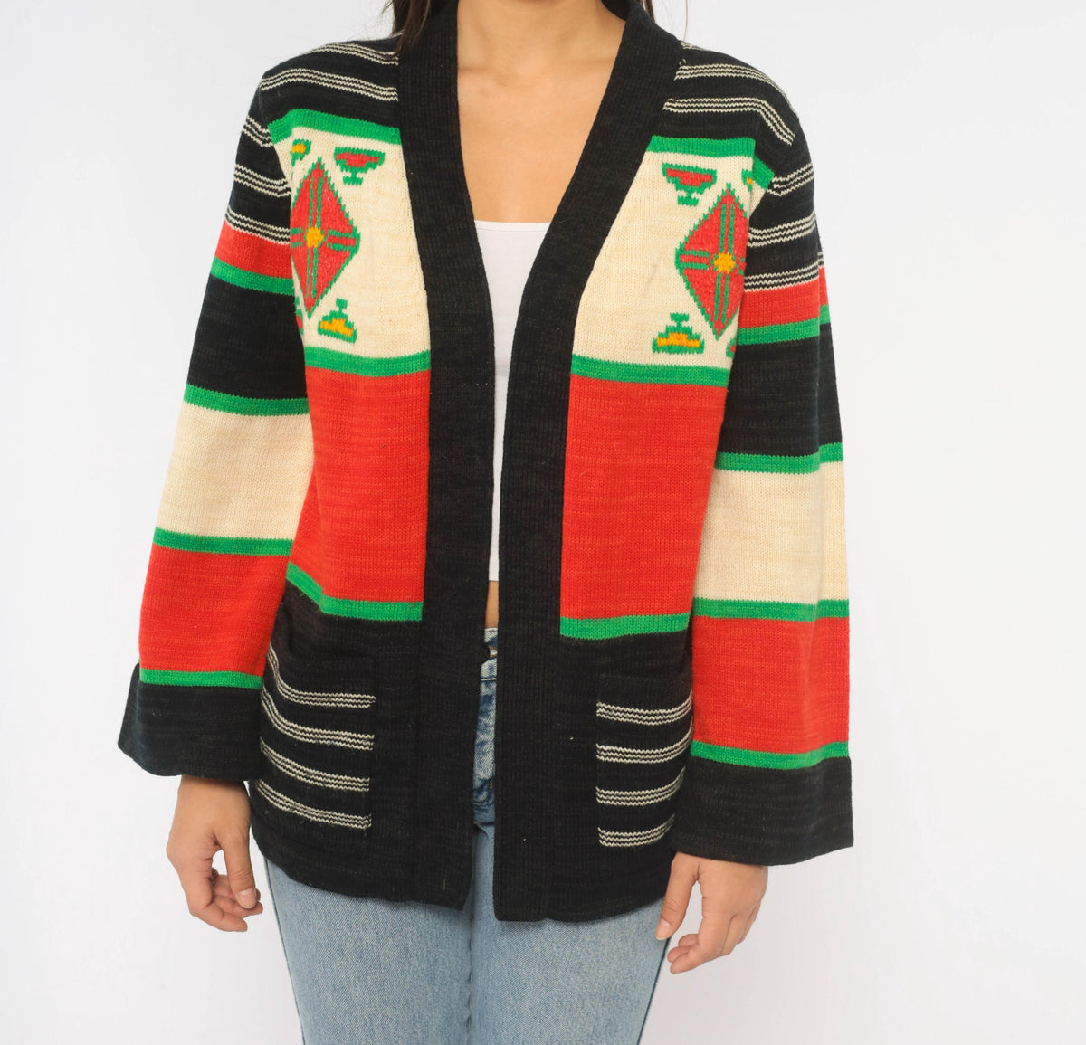 70s Southwestern Cardigan Black Red Green Striped Knit Geometric Diamond Medium