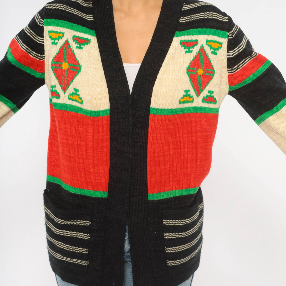 70s Southwestern Cardigan Black Red Green Striped Knit Geometric Diamond Medium