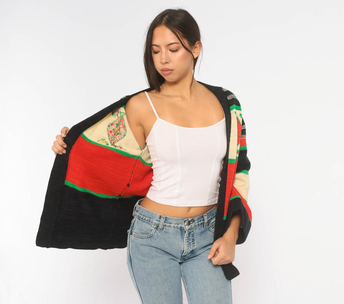 70s Southwestern Cardigan Black Red Green Striped Knit Geometric Diamond Medium