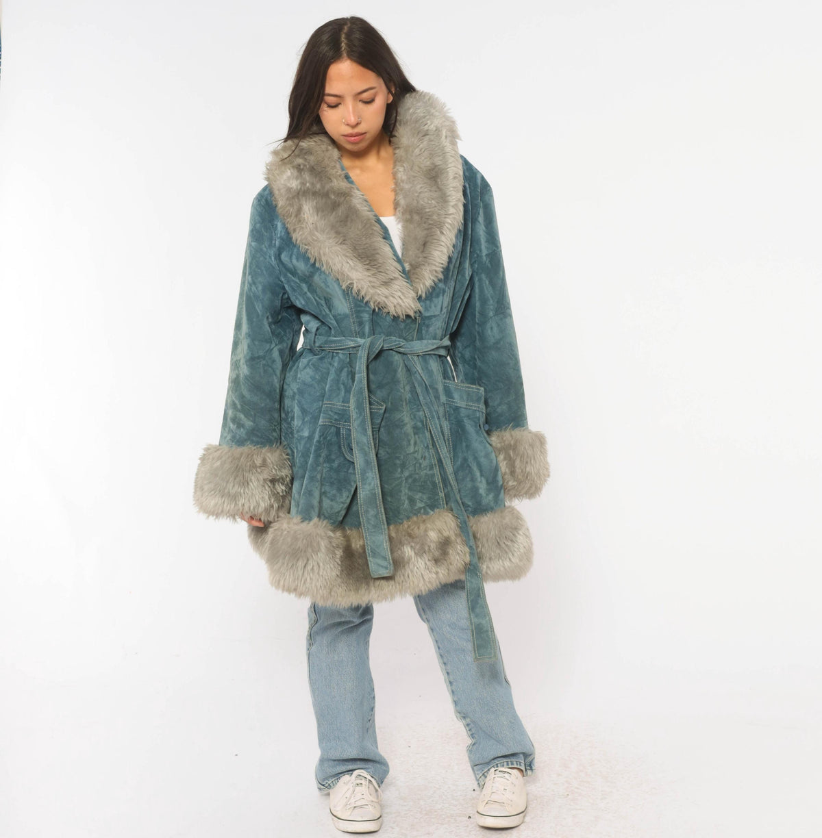70s Teal Velvet Coat Grey Fuzzy Trim Shawl Collar Belted Knee-Length Large