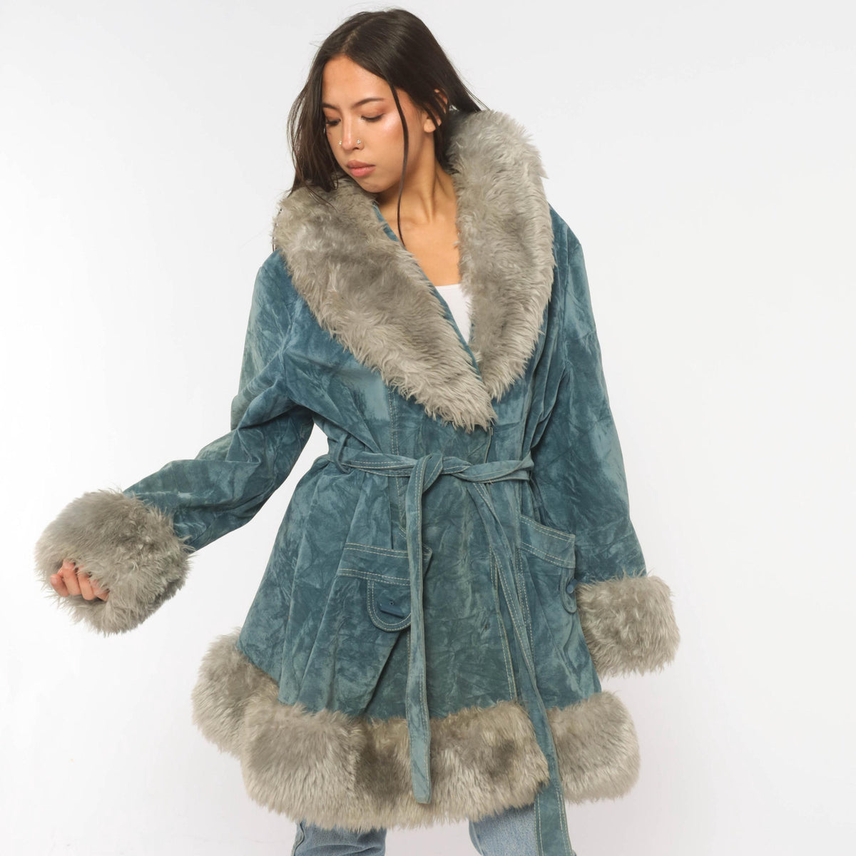 70s Teal Velvet Coat Grey Fuzzy Trim Shawl Collar Belted Knee-Length Large