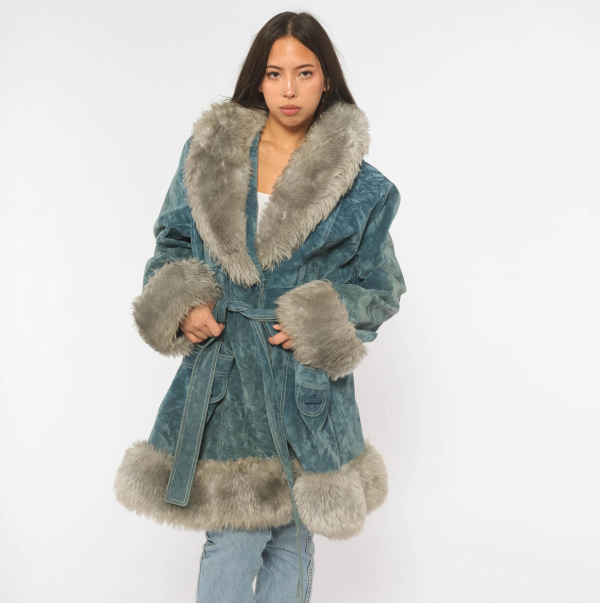 70s Teal Velvet Coat Grey Fuzzy Trim Shawl Collar Belted Knee-Length Large