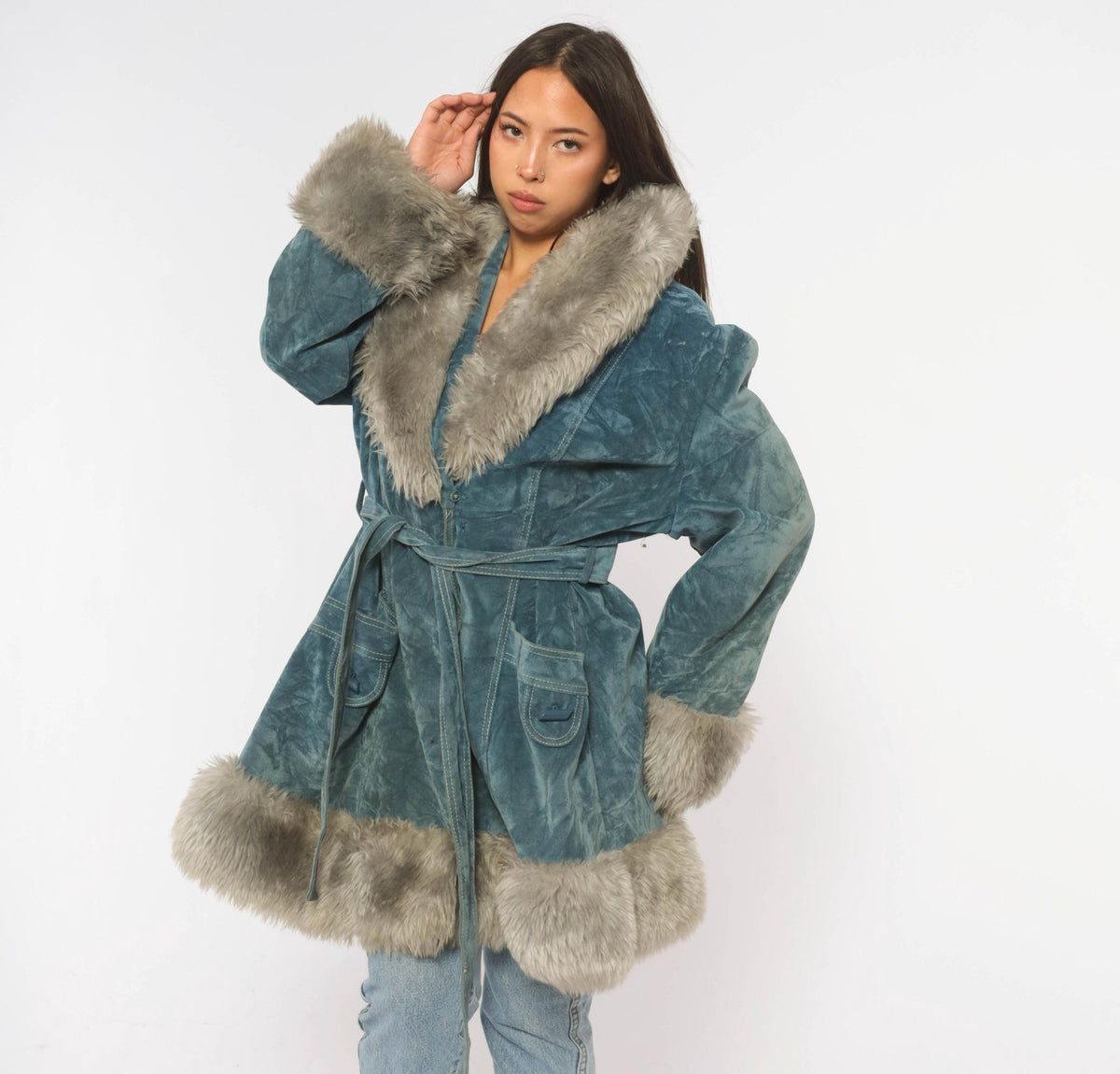 70s Teal Velvet Coat Grey Fuzzy Trim Shawl Collar Belted Knee-Length Large