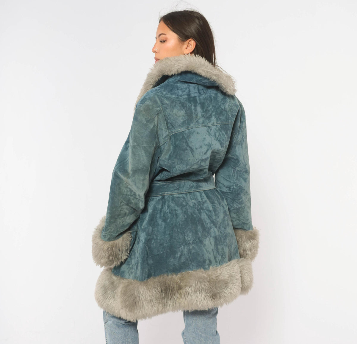 70s Teal Velvet Coat Grey Fuzzy Trim Shawl Collar Belted Knee-Length Large