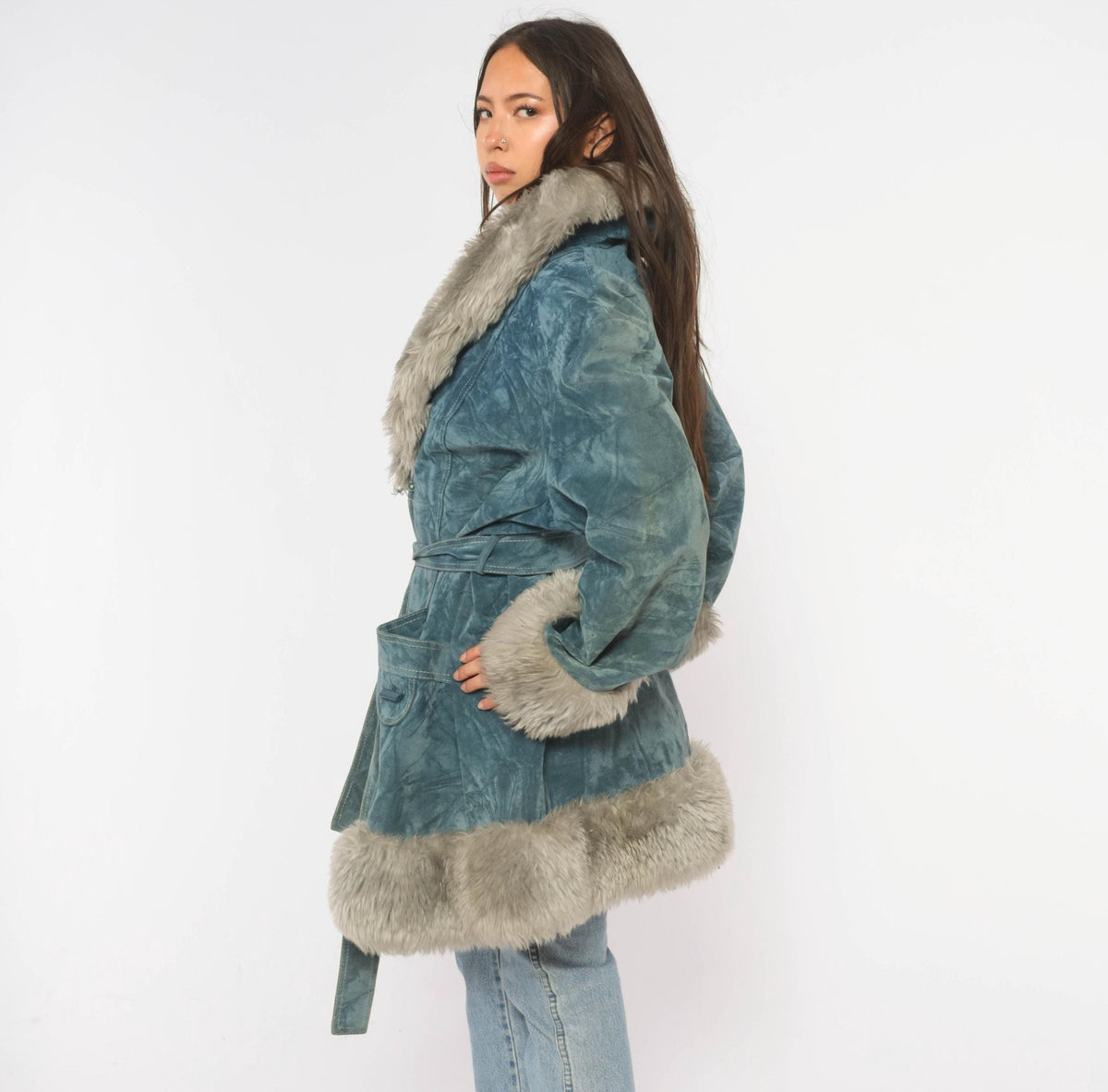 70s Teal Velvet Coat Grey Fuzzy Trim Shawl Collar Belted Knee-Length Large