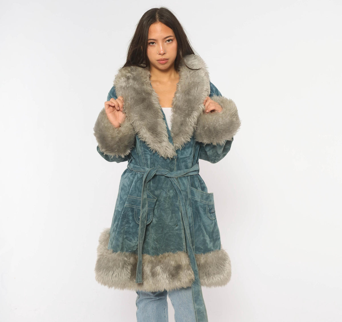 70s Teal Velvet Coat Grey Fuzzy Trim Shawl Collar Belted Knee-Length Large