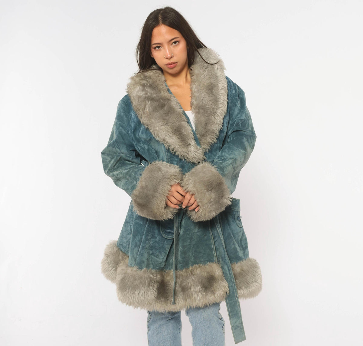 70s Teal Velvet Coat Grey Fuzzy Trim Shawl Collar Belted Knee-Length Large