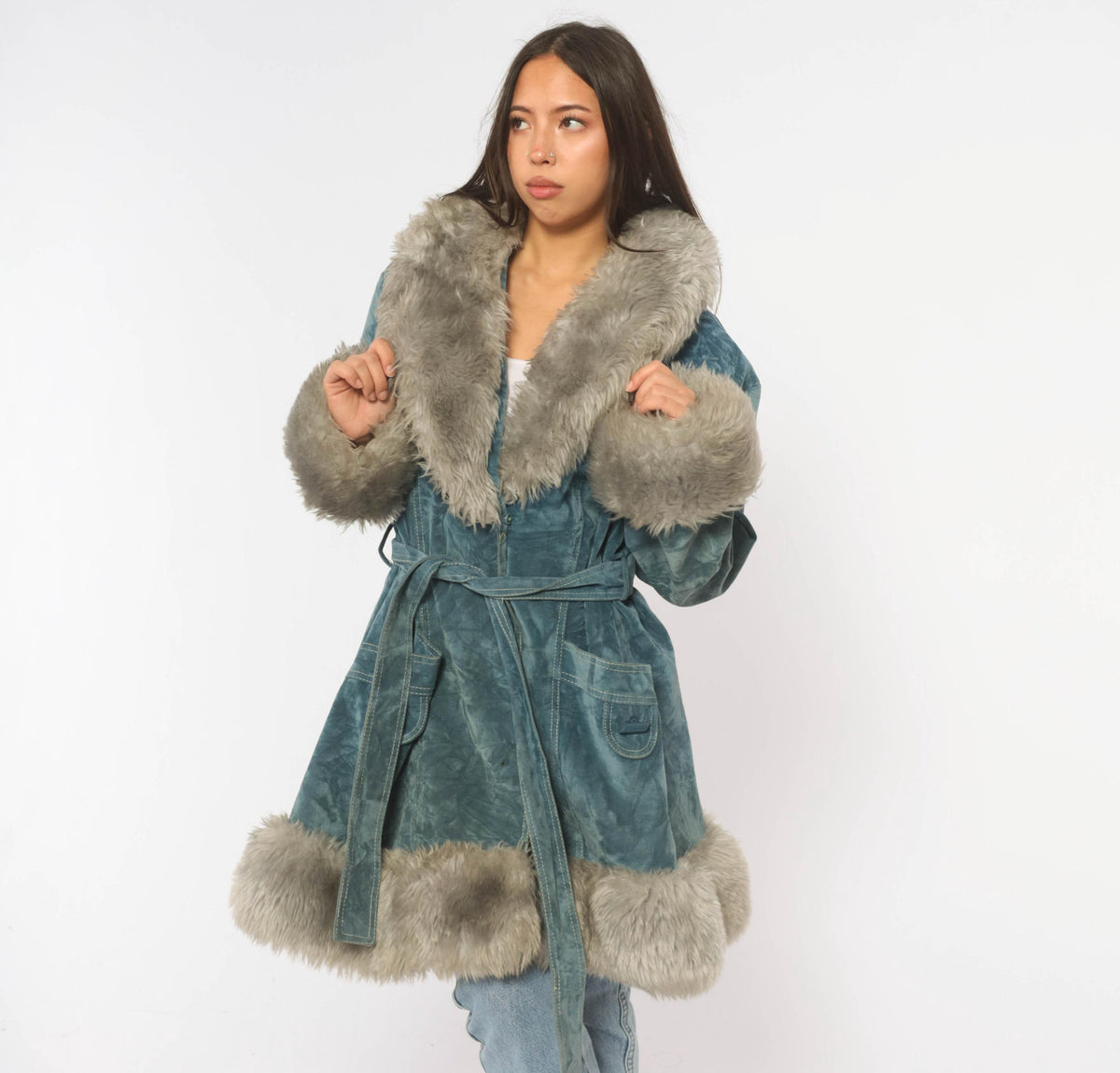 70s Teal Velvet Coat Grey Fuzzy Trim Shawl Collar Belted Knee-Length Large