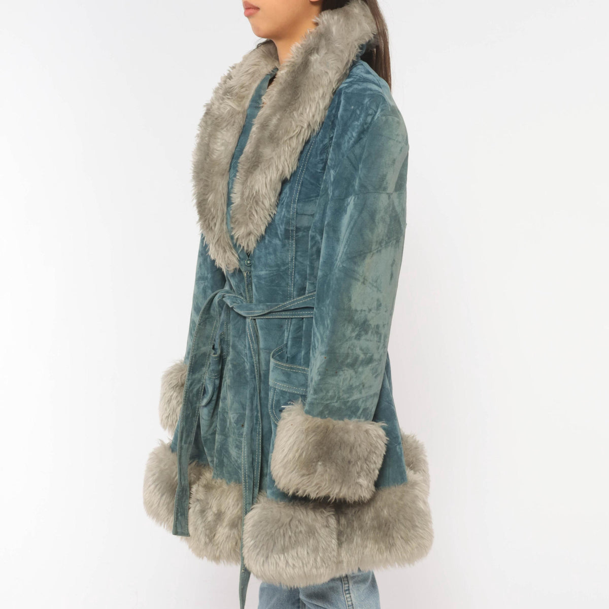 70s Teal Velvet Coat Grey Fuzzy Trim Shawl Collar Belted Knee-Length Large