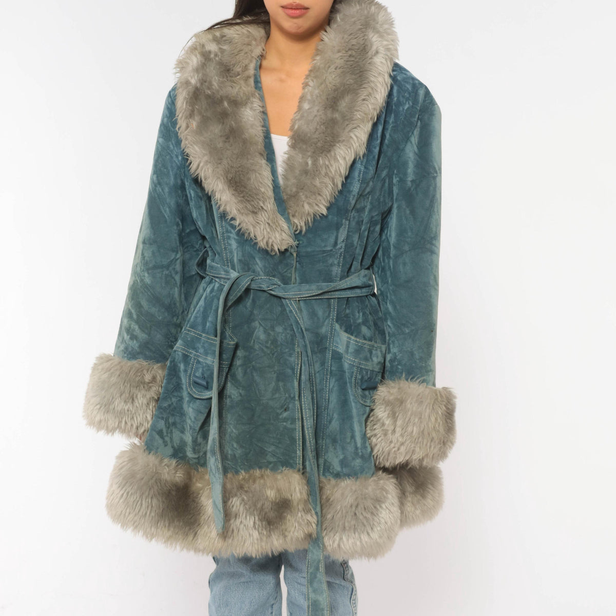 70s Teal Velvet Coat Grey Fuzzy Trim Shawl Collar Belted Knee-Length Large