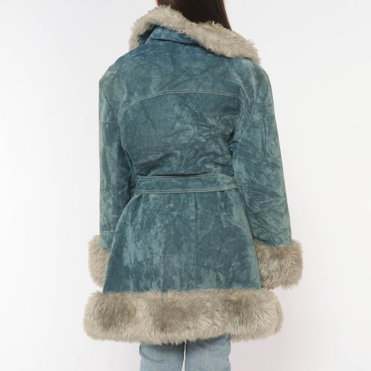 70s Teal Velvet Coat Grey Fuzzy Trim Shawl Collar Belted Knee-Length Large