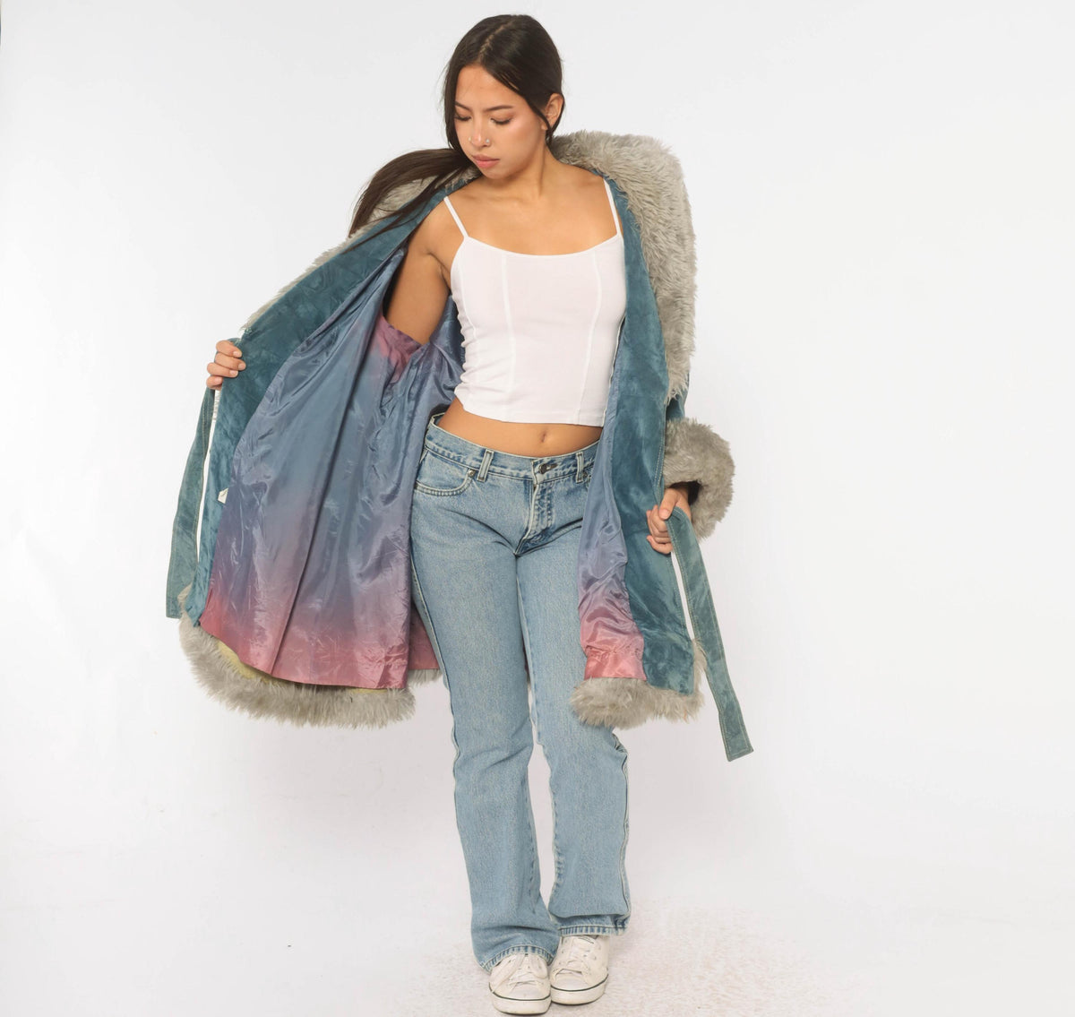 70s Teal Velvet Coat Grey Fuzzy Trim Shawl Collar Belted Knee-Length Large