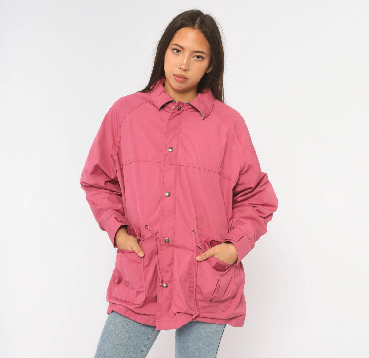80s Woolrich Pink Wool Plaid Barn Jacket Snap Waist Small