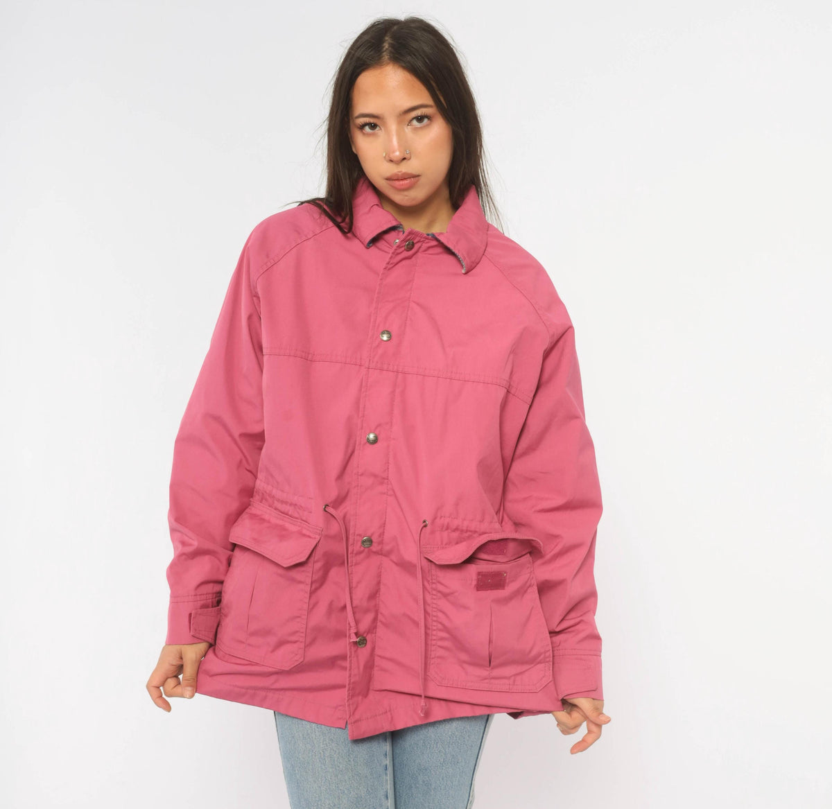 80s Woolrich Pink Wool Plaid Barn Jacket Snap Waist Small