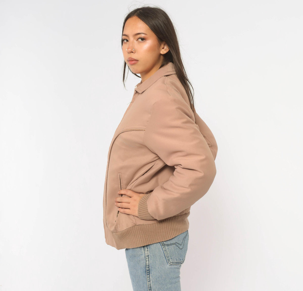 70s Yau Wing Bomber Jacket Beige Faux Fur Lined Pointed Collar Medium