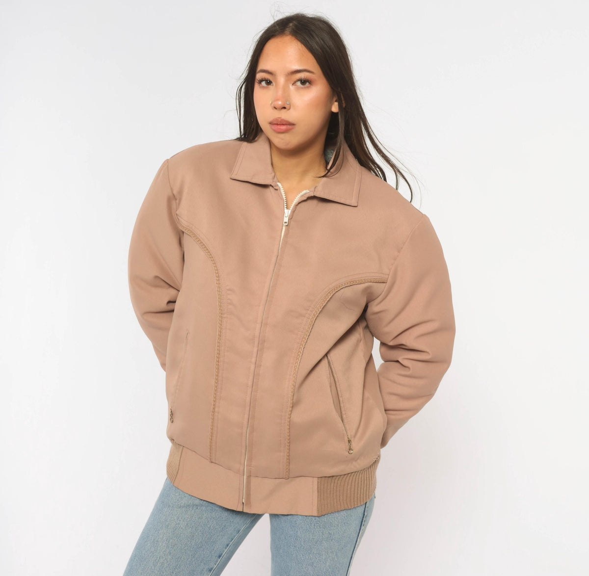70s Yau Wing Bomber Jacket Beige Faux Fur Lined Pointed Collar Medium