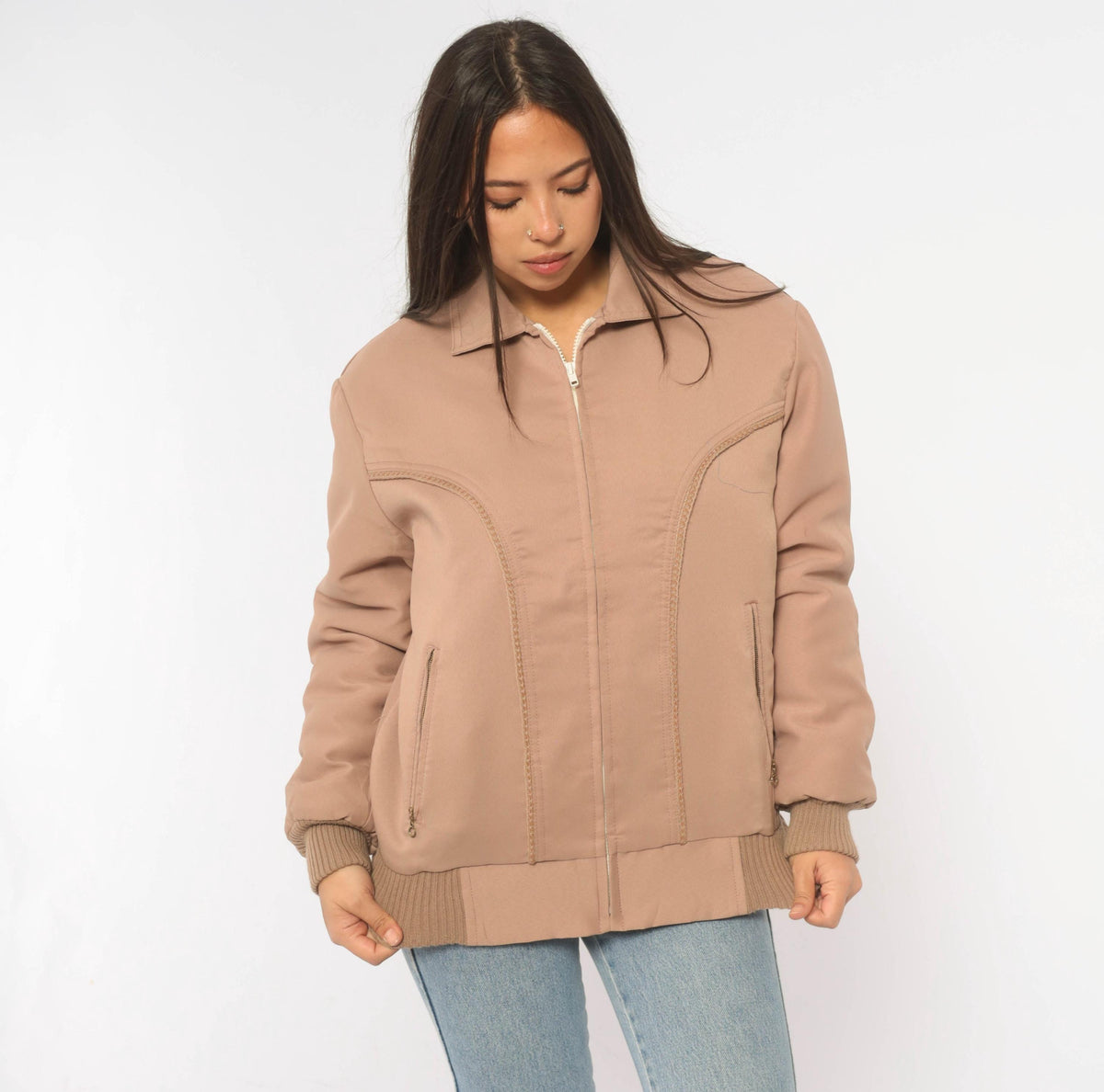 70s Yau Wing Bomber Jacket Beige Faux Fur Lined Pointed Collar Medium