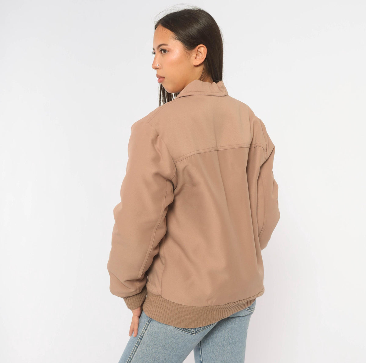 70s Yau Wing Bomber Jacket Beige Faux Fur Lined Pointed Collar Medium