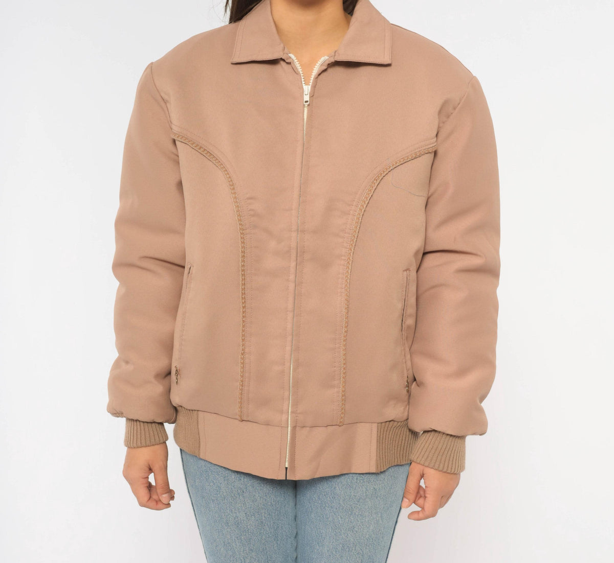 70s Yau Wing Bomber Jacket Beige Faux Fur Lined Pointed Collar Medium