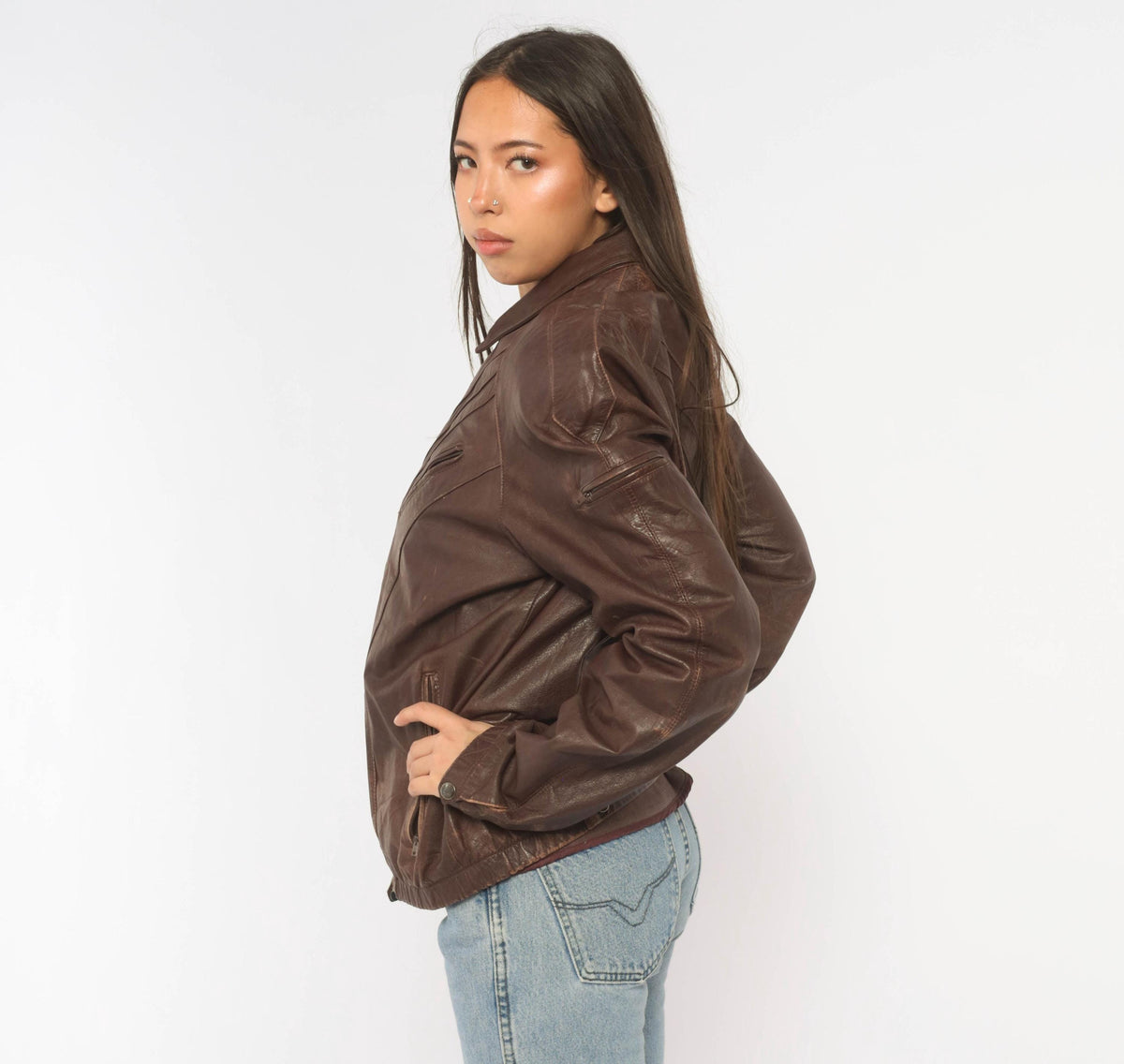 80s Tibor Leather Bomber Jacket Brown Burgundy Chevron Pointed Collar Small