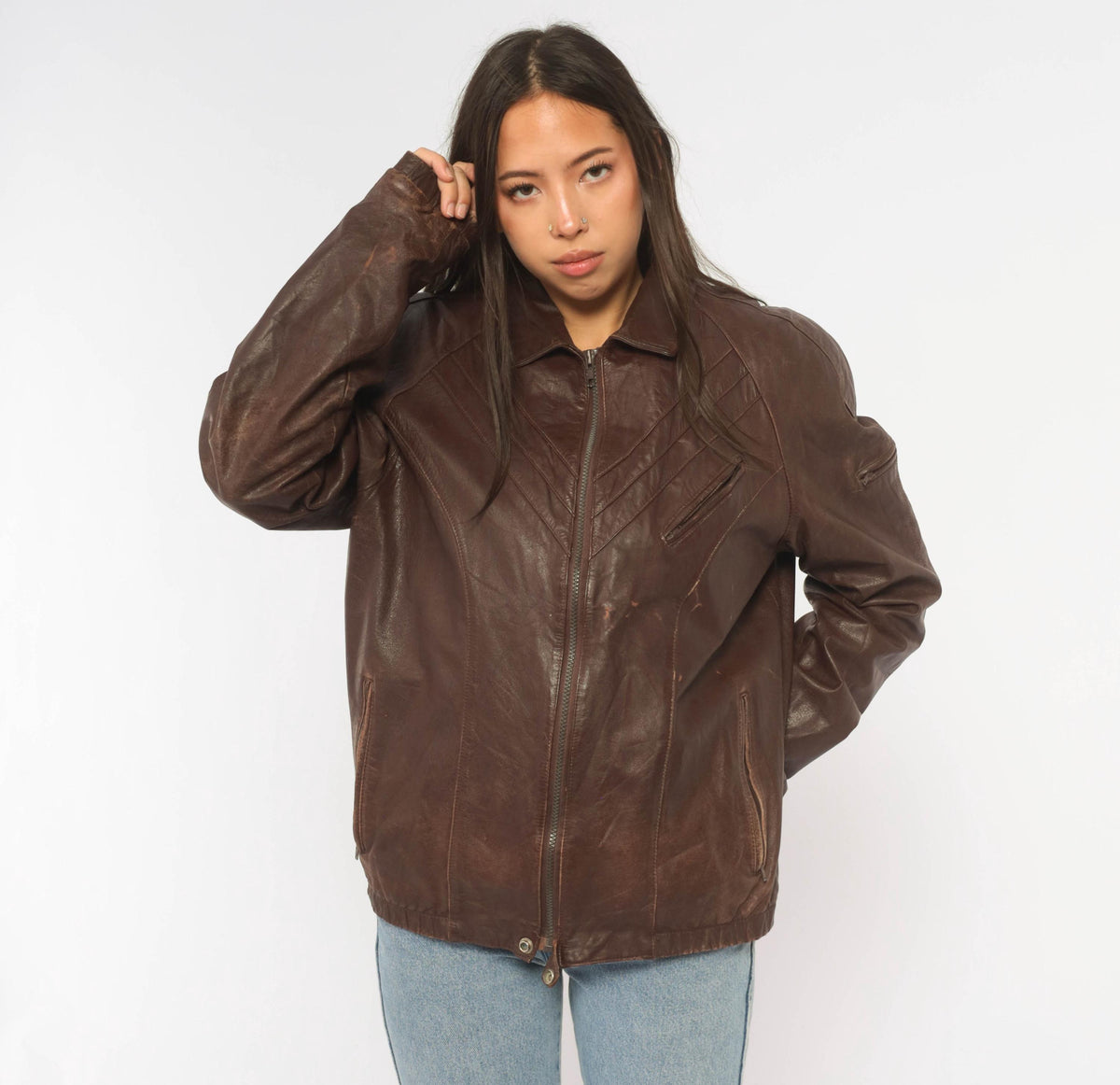 80s Tibor Leather Bomber Jacket Brown Burgundy Chevron Pointed Collar Small