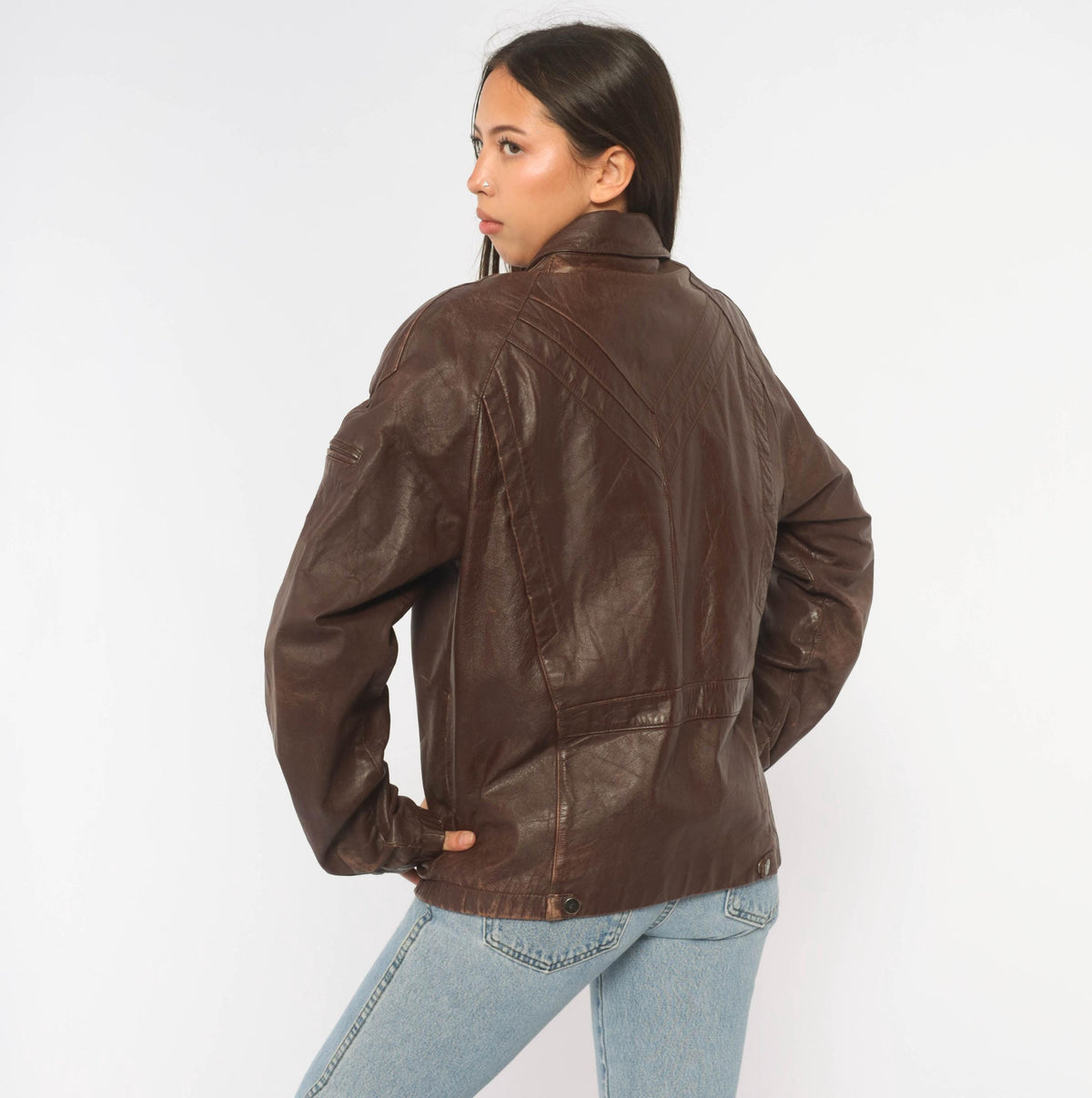 80s Tibor Leather Bomber Jacket Brown Burgundy Chevron Pointed Collar Small