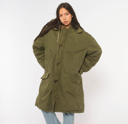 70s Olive Military Parka Faux Fur Hood Hooded Winter Coat Large
