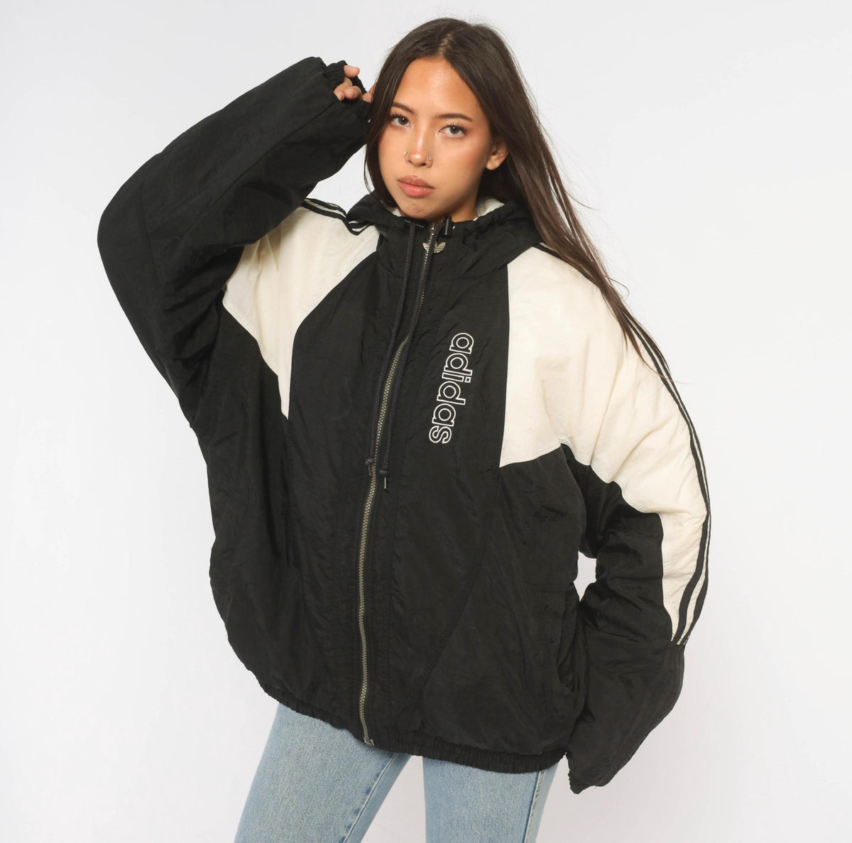 90s Adidas Color Block Puffer Jacket Black White Hooded Large L