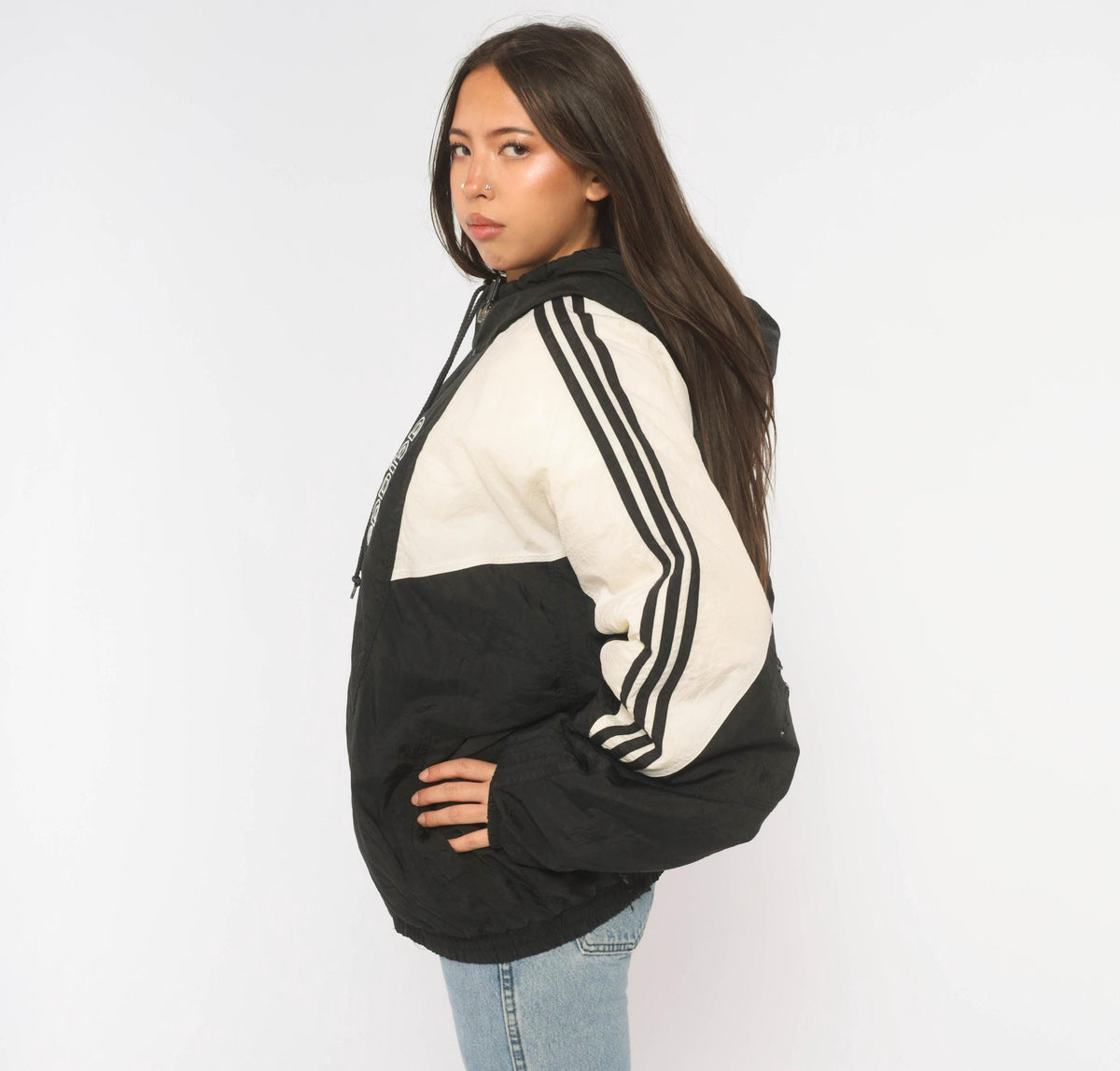 90s Adidas Color Block Puffer Jacket Black White Hooded Large L
