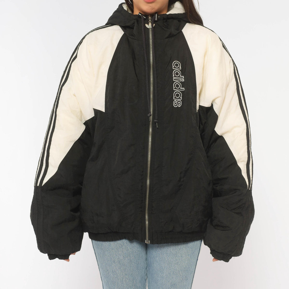 90s Adidas Color Block Puffer Jacket Black White Hooded Large L