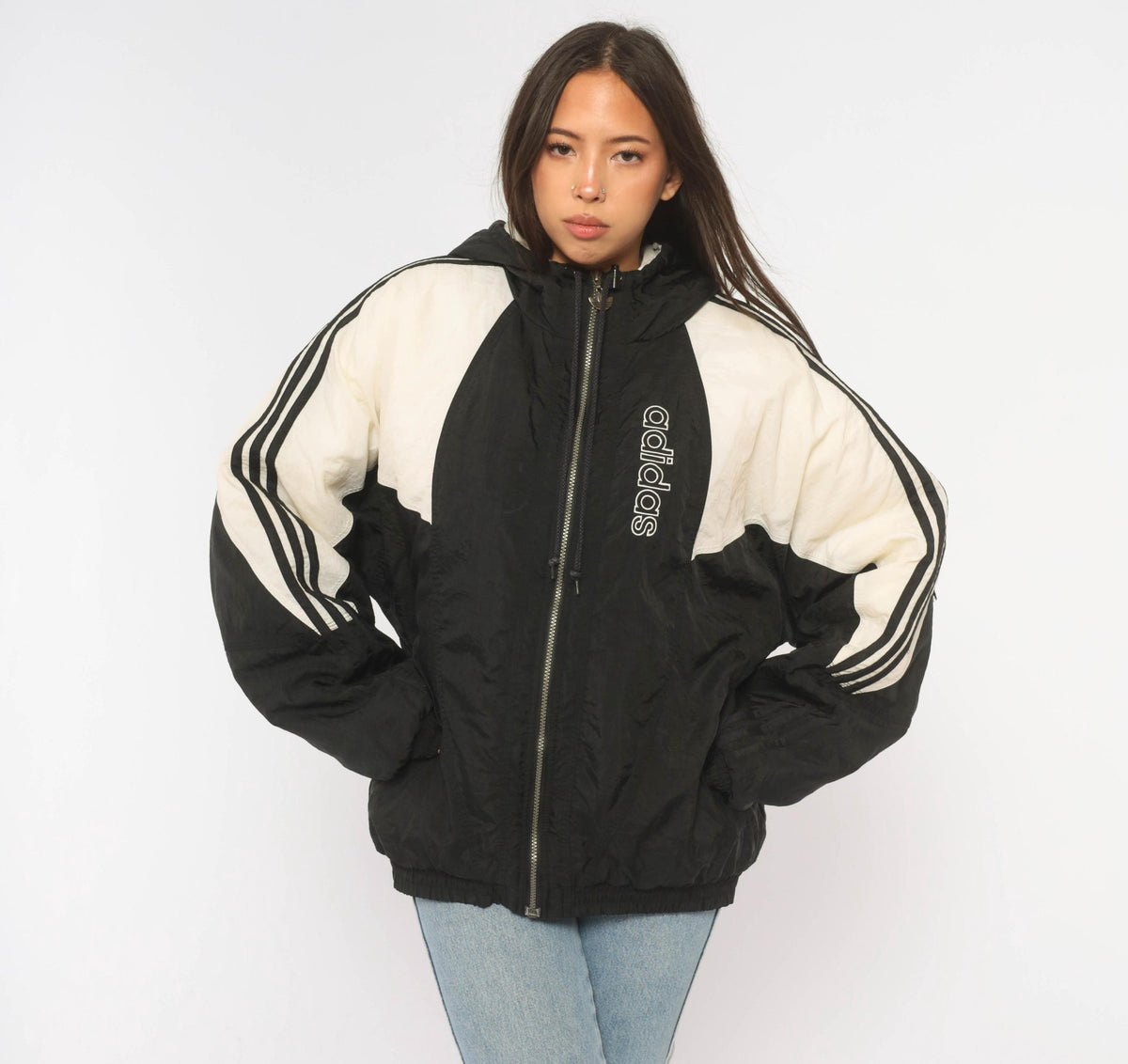 90s Adidas Color Block Puffer Jacket Black White Hooded Large L