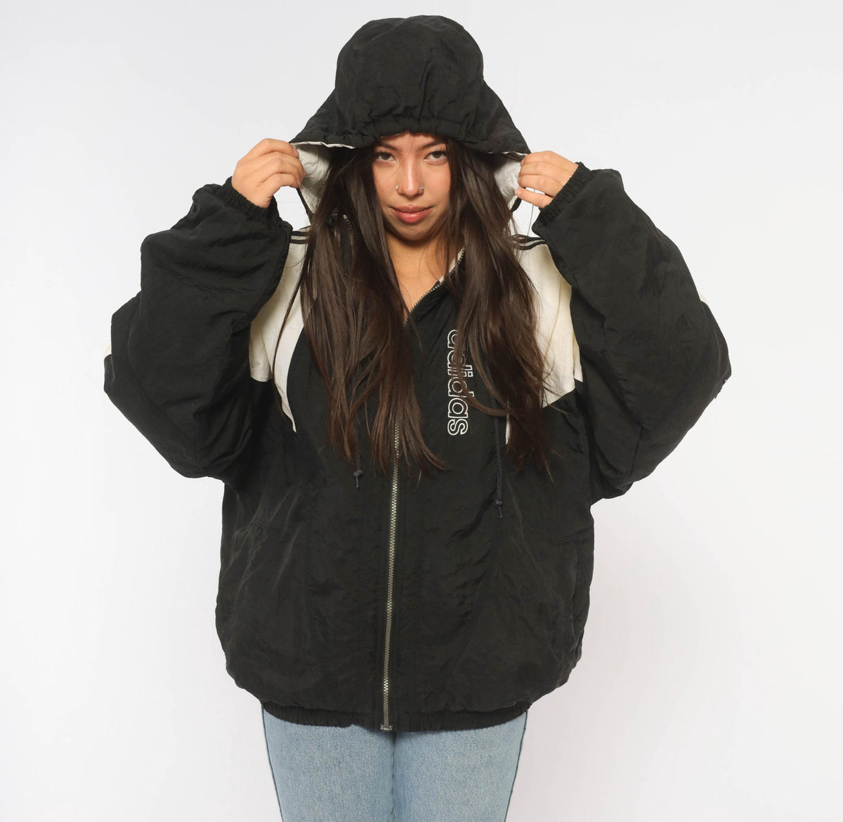 90s Adidas Color Block Puffer Jacket Black White Hooded Large L
