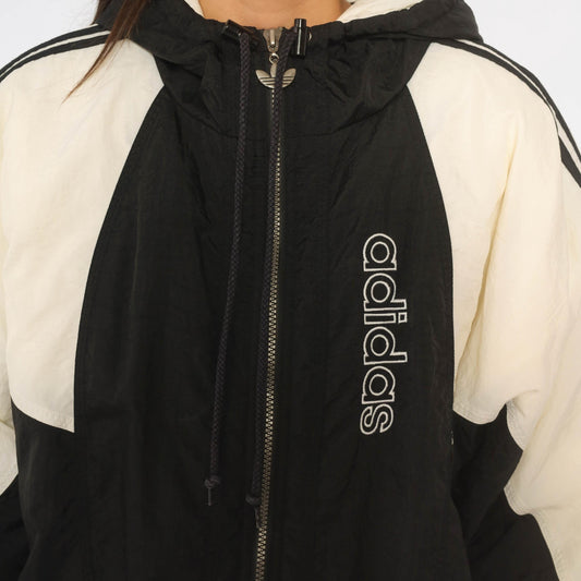 90s Adidas Color Block Puffer Jacket Black White Hooded Large L