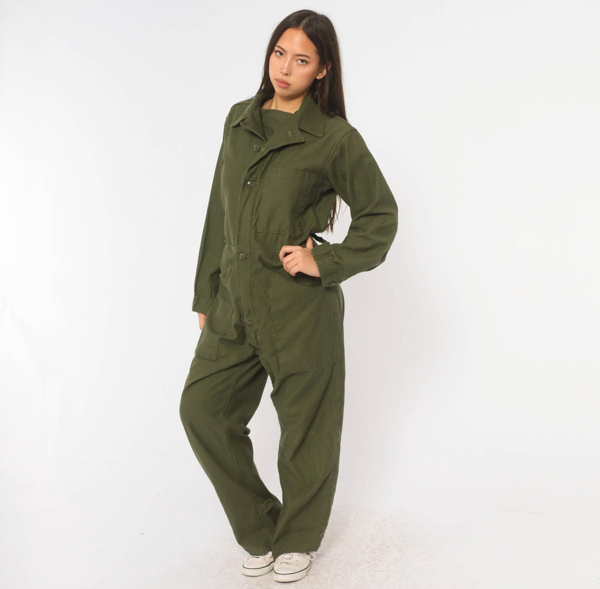 70s Vanderbilt Olive Cotton Coveralls Button Front Jumpsuit XS