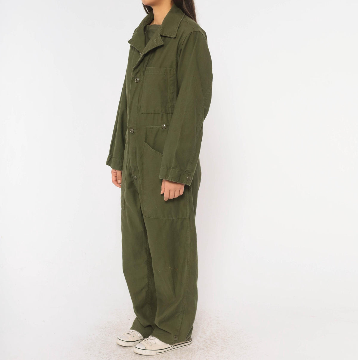 70s Vanderbilt Olive Cotton Coveralls Button Front Jumpsuit XS